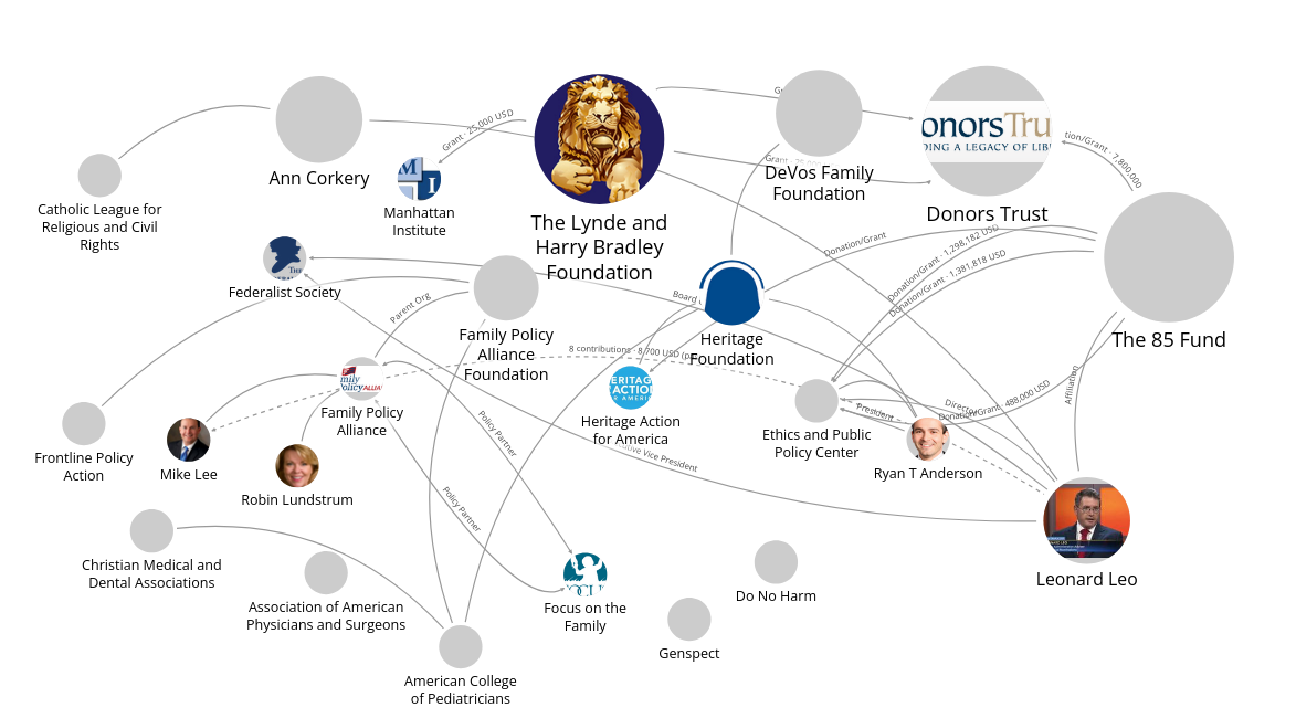 Screenshot of the interactive map created on LittleSis, mapping relationships between the right wing actors working to define sex and erase intersex people.