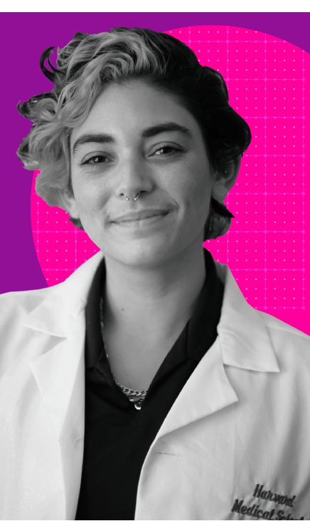 Casey's headshot: a Latine nonbinary person with short curly hair wearing a white medical coat embroidered with the words Harvard Medical School.