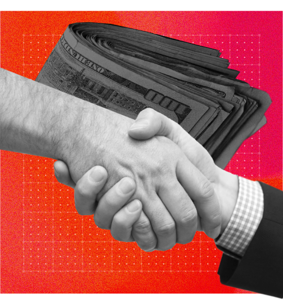 Collage image of two men's hands shaking in front of a pile of money and floating XX chromosomes.